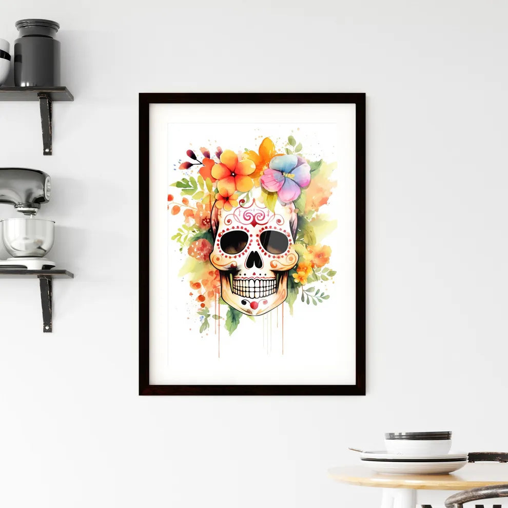 Colorful Watercolor Sugar Skull Art Framed Print