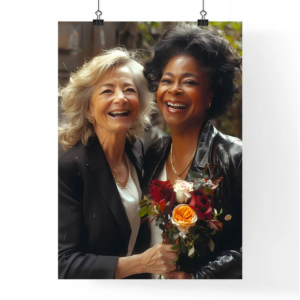 Joyous Mother-Daughter Moment: Vibrant Art Depicting Laughter and Floral Elegance Default Title