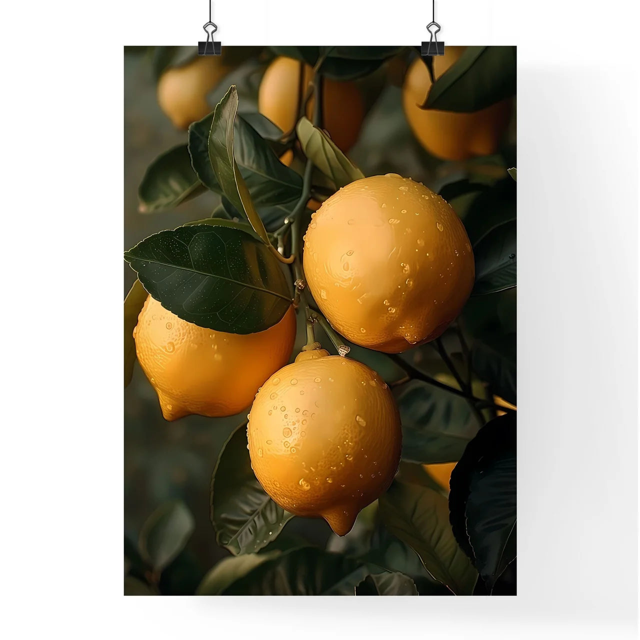 Atmospheric painting featuring lemons on a t Poster
