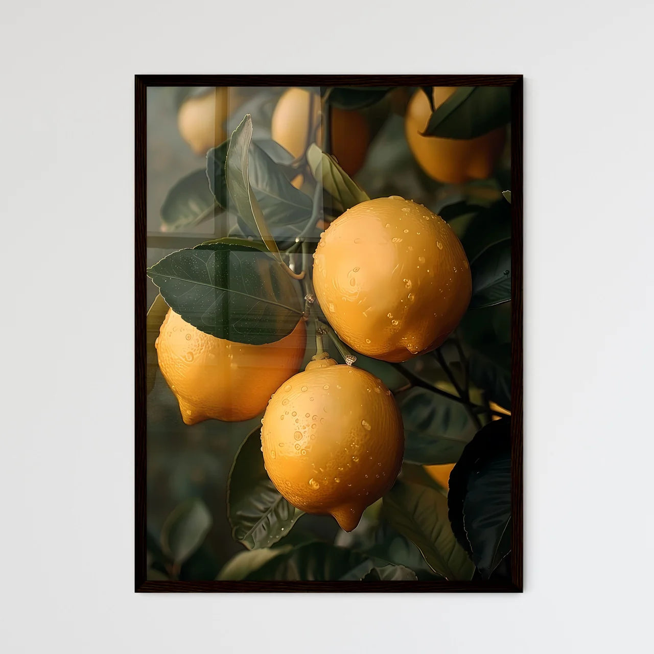 Atmospheric painting featuring lemons on a t - Framed Art Print