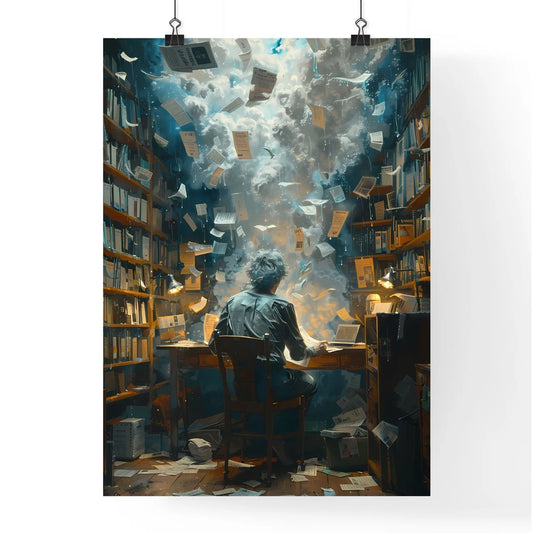 Artistic Impression of Critic Contemplating Literary Critique Surrounded by Review Poster