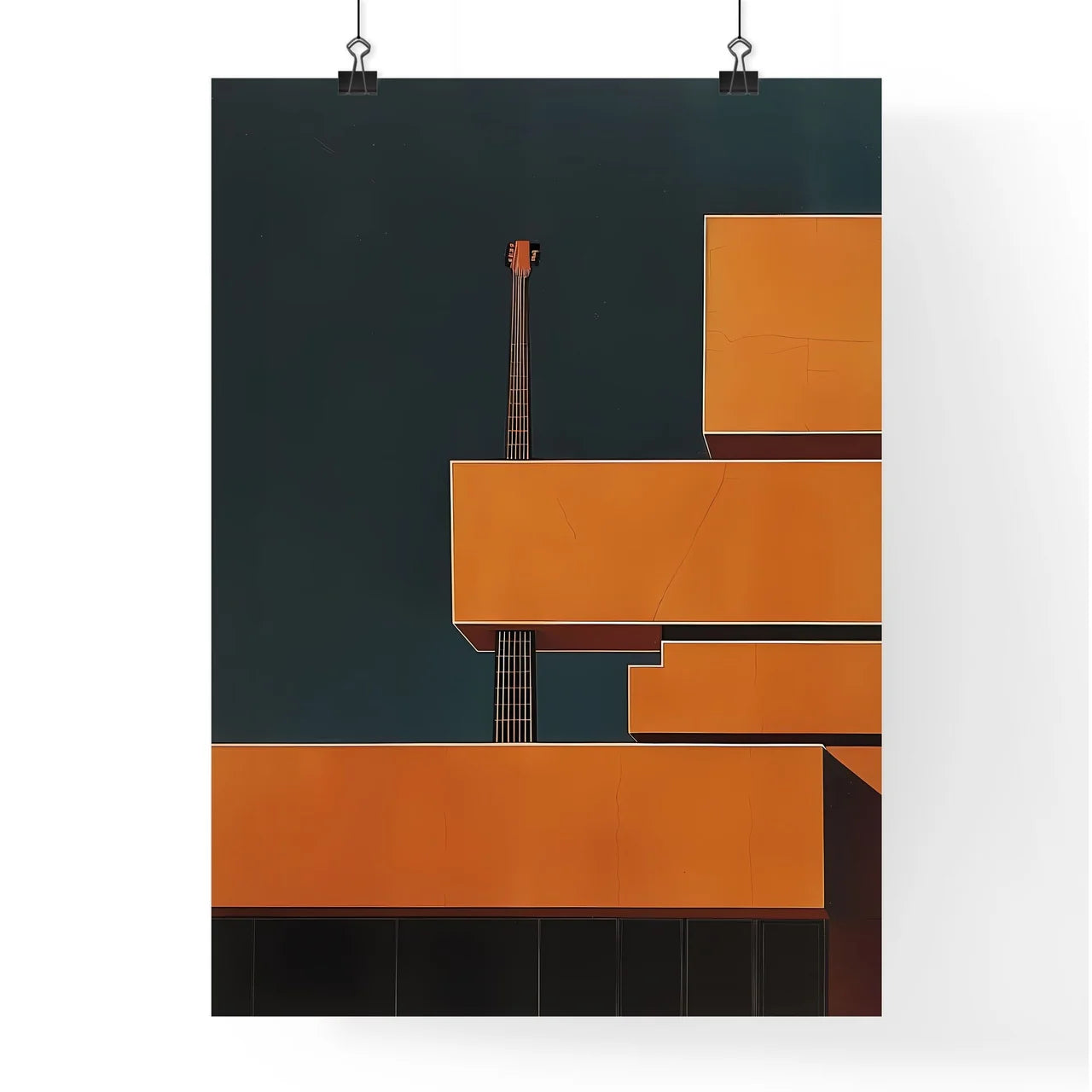 Vibrant Golden Ratio Minimal Artwork: Guitar-Shaped Building in Abstract Painting Poster