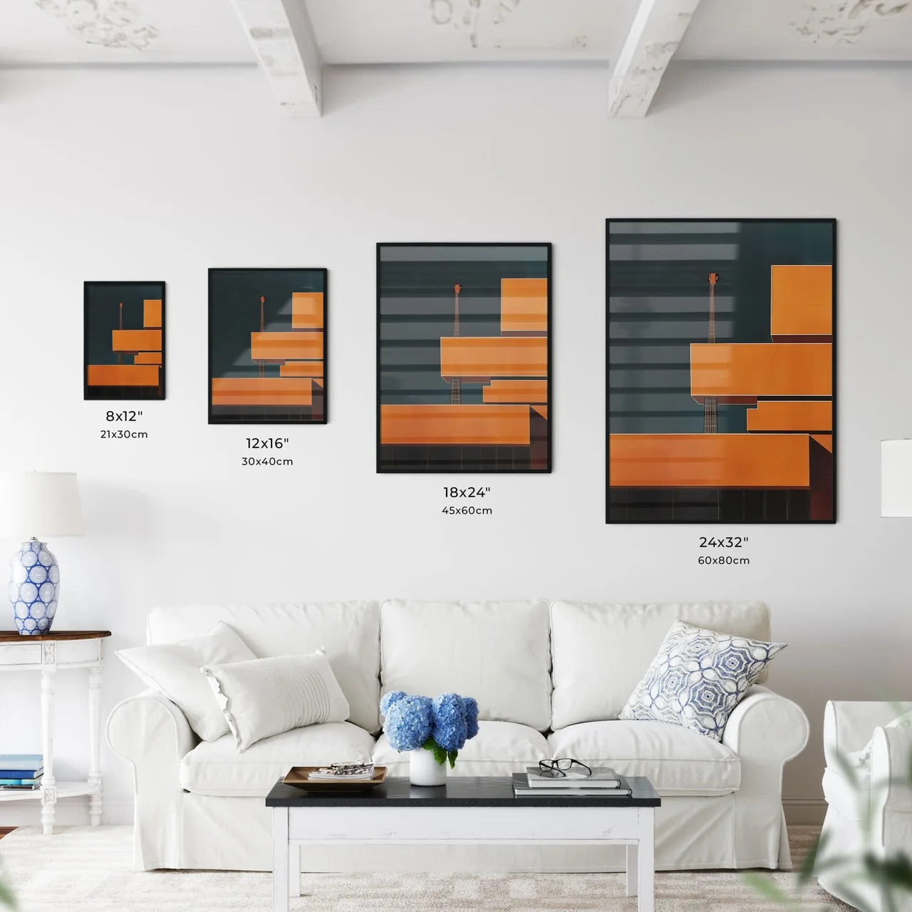 Vibrant Golden Ratio Minimal Artwork: Guitar-Shaped Building in Abstract Painting Size Chart