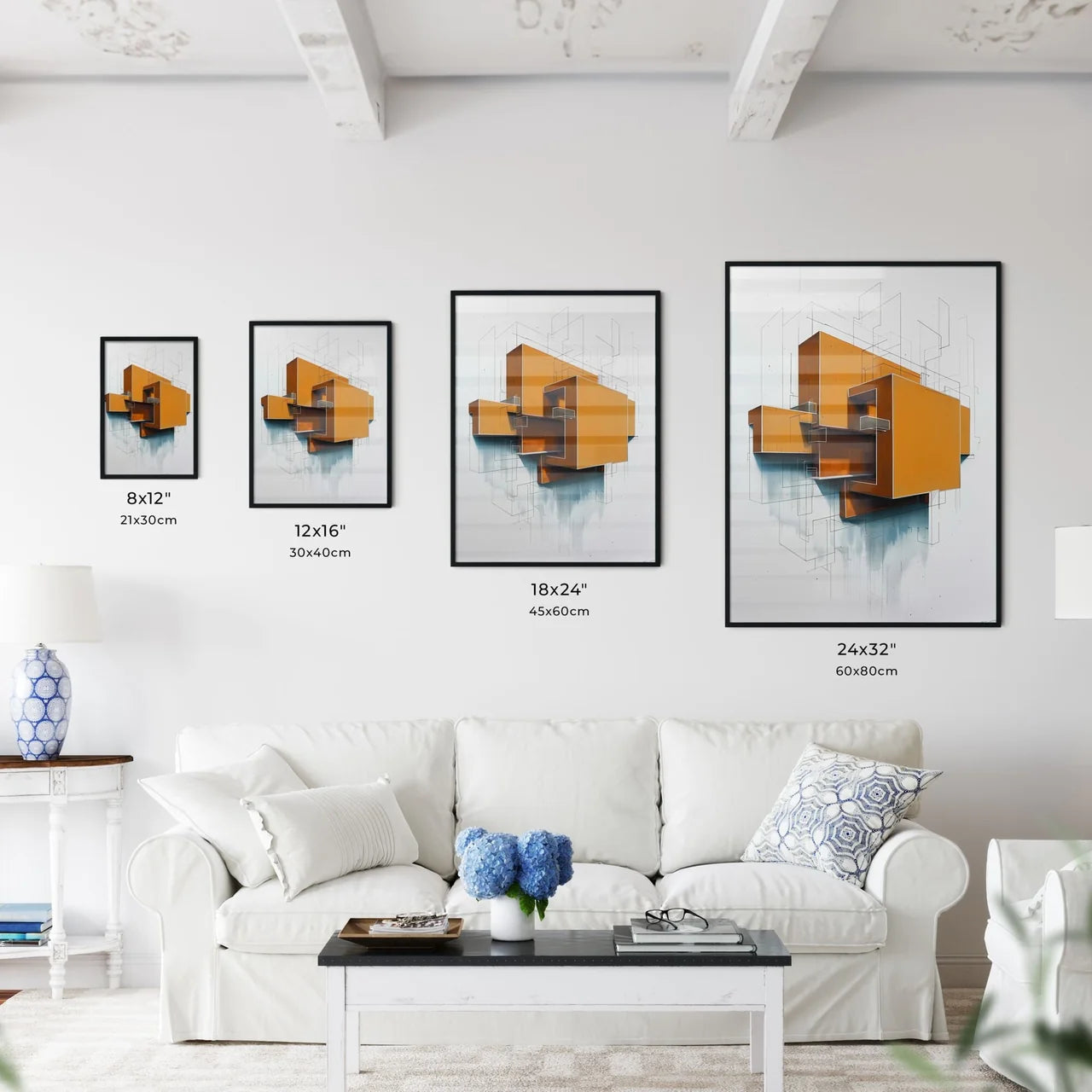 Golden ratio minimal artwork, painting, orange cubes, modern art, abstract Size Chart