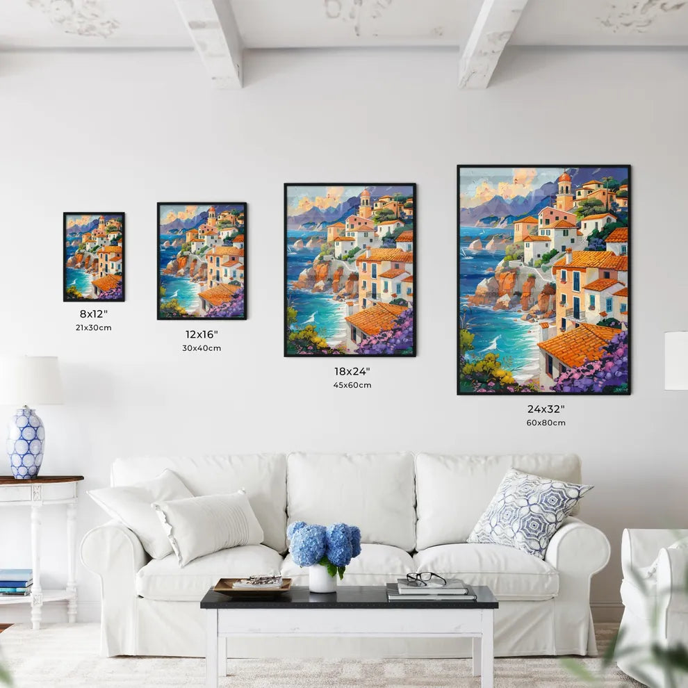 Vibrant Mediterranean Seascape Painting in Pointillism: Shimmering Waves and Picturesque Cliffside Town Size Chart