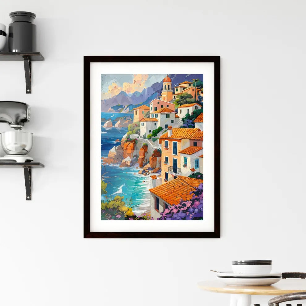 Vibrant Mediterranean Seascape Painting in Pointillism: Shimmering Waves and Picturesque Cliffside Town Custom Print