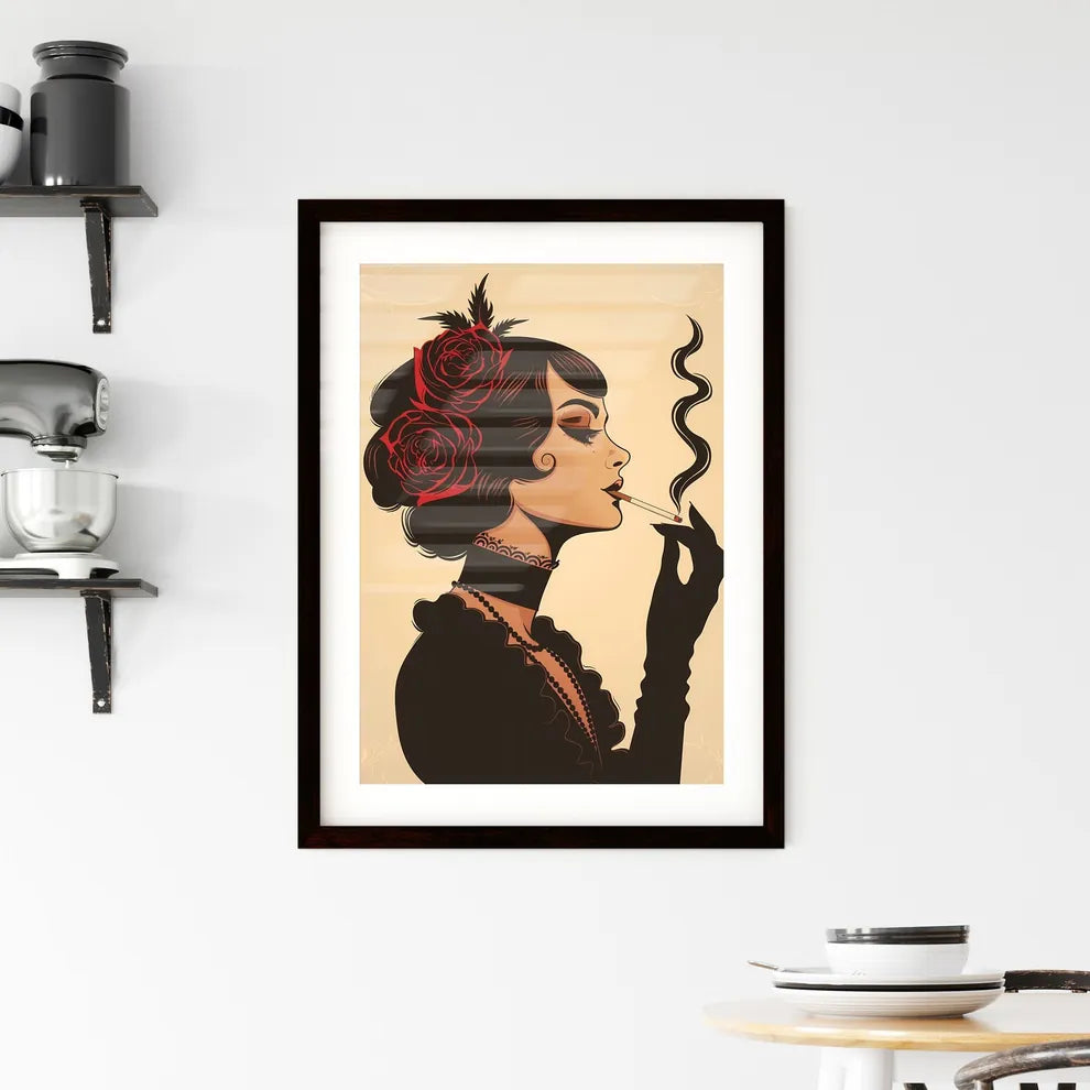 Elegant 1920s Woman Smoking Cigarette in Min Framed Print