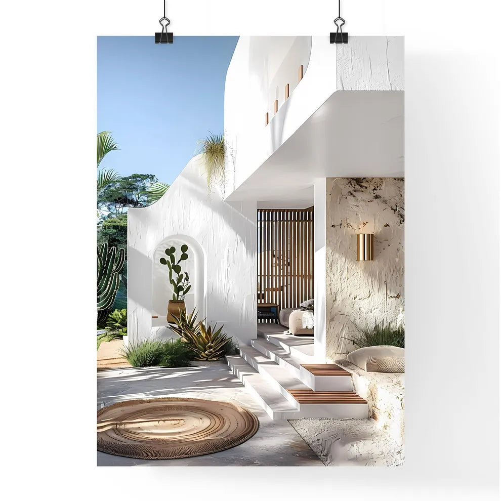 Modern Mediterranean-style villa with white walls, light wood accents, wooden outdoor rug, gold wall sconce, cacti, lush green landscape, vibrant art – Australian beachside mansion entrance. Poster