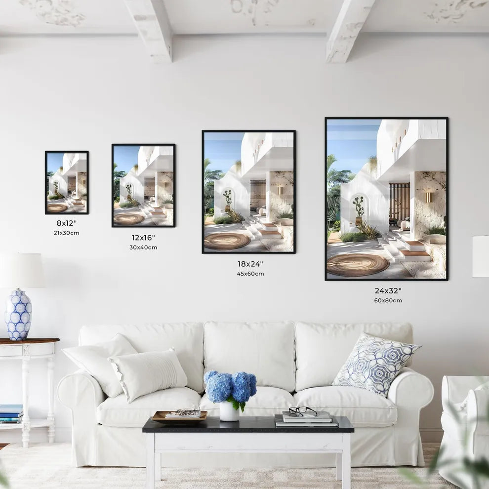 Modern Mediterranean-style villa with white walls, light wood accents, wooden outdoor rug, gold wall sconce, cacti, lush green landscape, vibrant art – Australian beachside mansion entrance. Size Chart