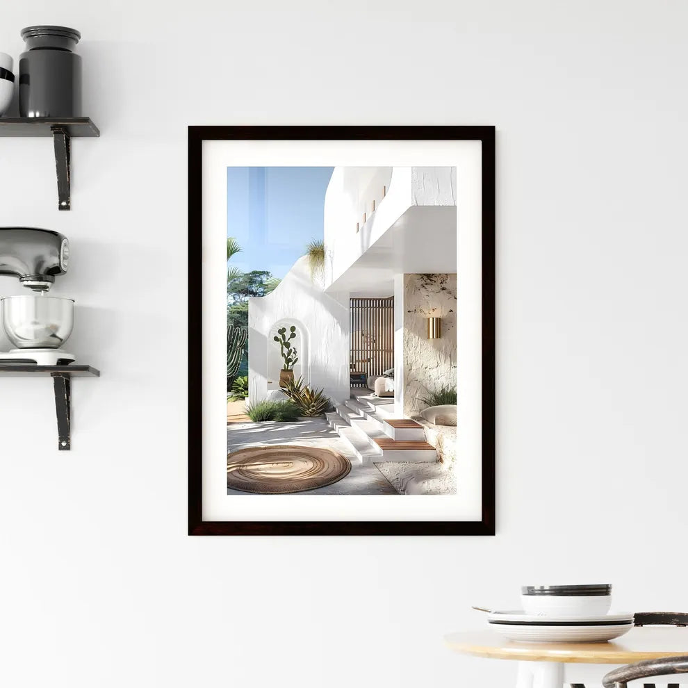 Modern Mediterranean-style villa with white walls, light wood accents, wooden outdoor rug, gold wall sconce, cacti, lush green landscape, vibrant art – Australian beachside mansion entrance. Custom Print