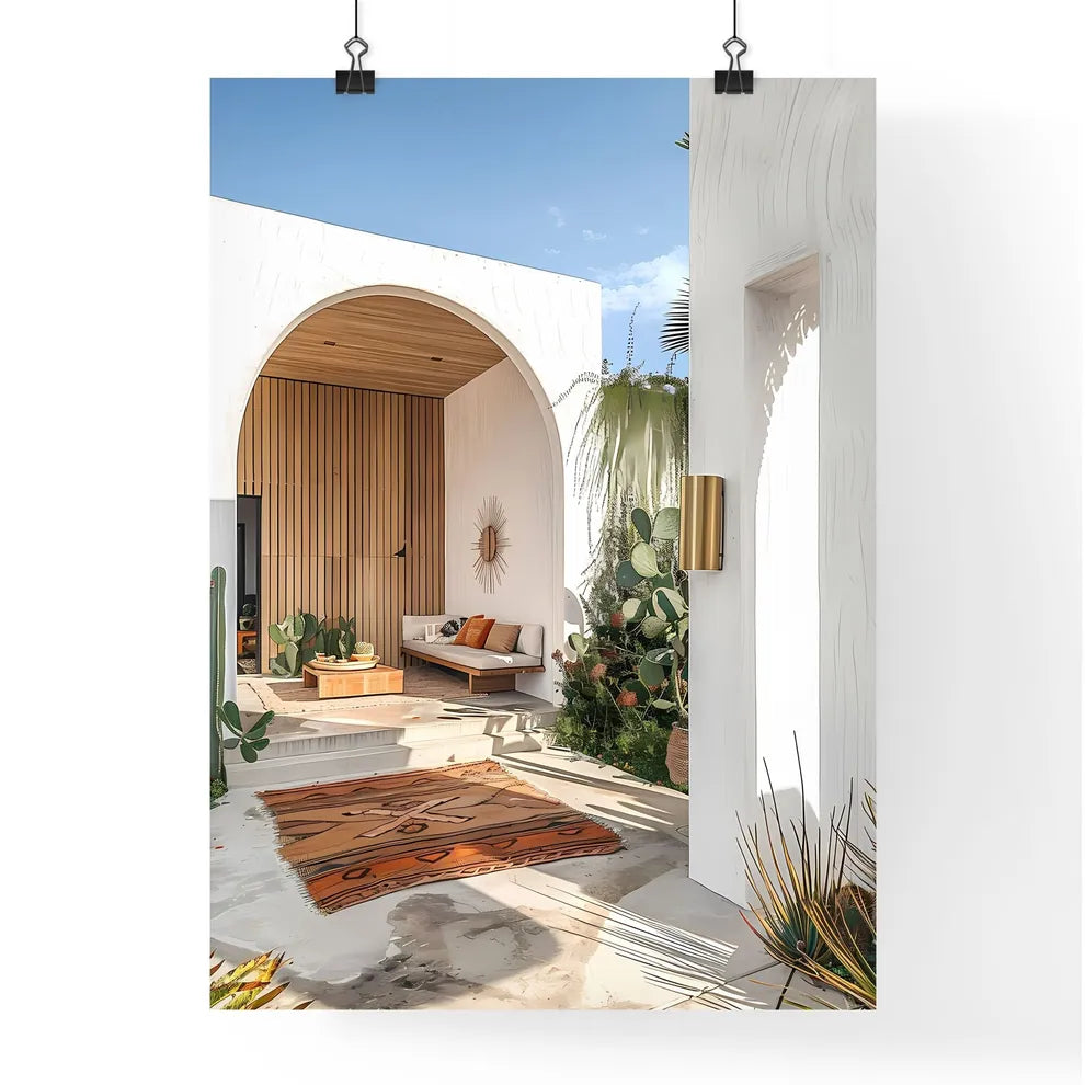 Contemporary Mediterranean Villa: White Walls, Wooden Accents, and Lush Australian Beachside Landscape Poster