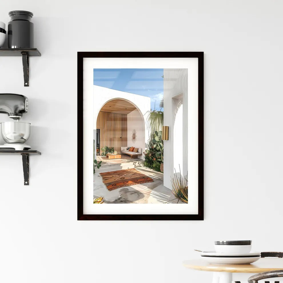 Contemporary Mediterranean Villa: White Walls, Wooden Accents, and Lush Australian Beachside Landscape Custom Print