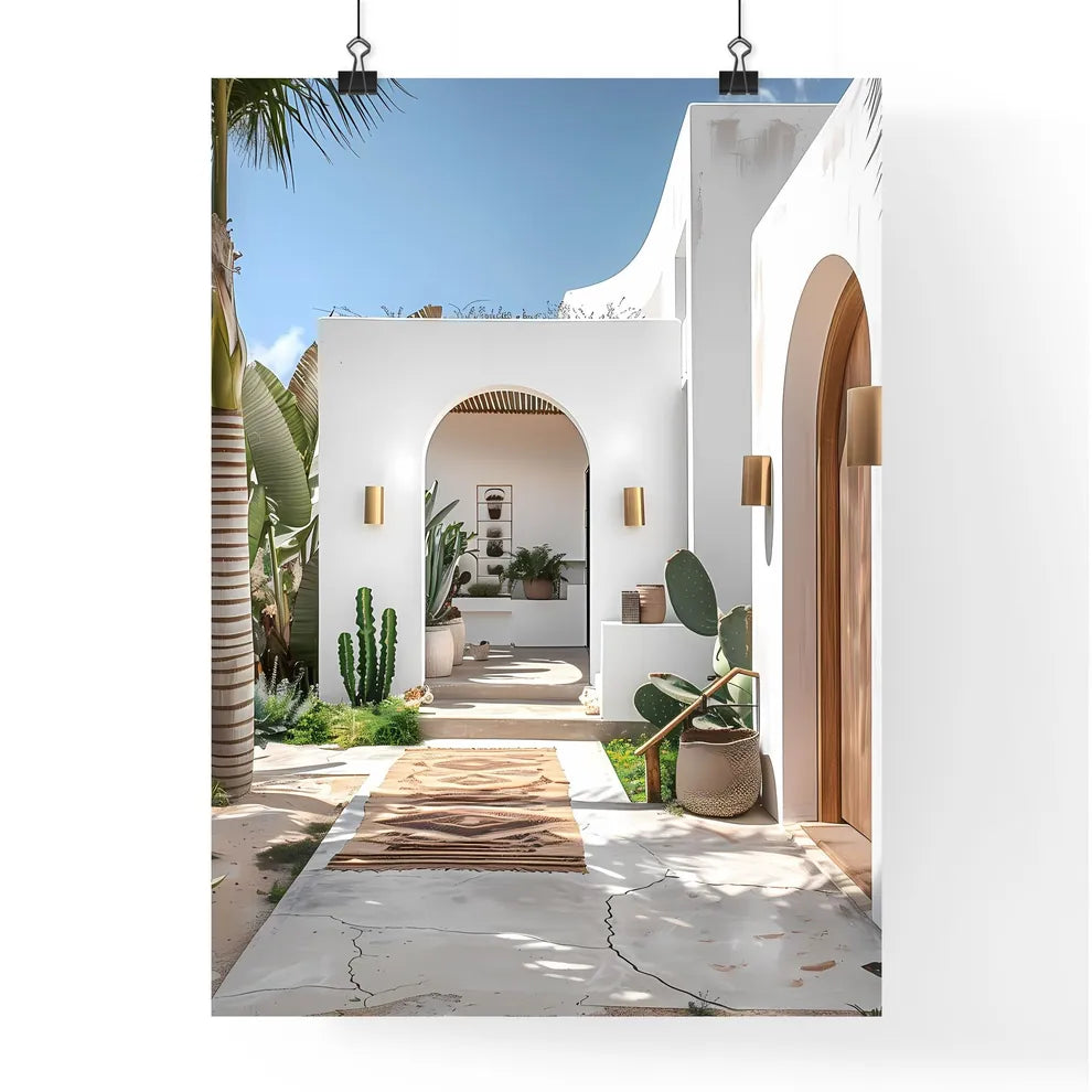 Modern Mediterranean-style villa with white walls, light wood accents, wooden outdoor rug, gold wall sconce, cacti, lush green landscape Poster