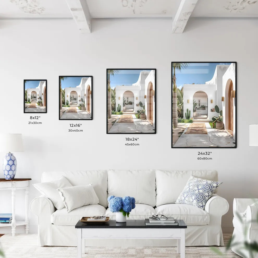 Modern Mediterranean-style villa with white walls, light wood accents, wooden outdoor rug, gold wall sconce, cacti, lush green landscape Size Chart