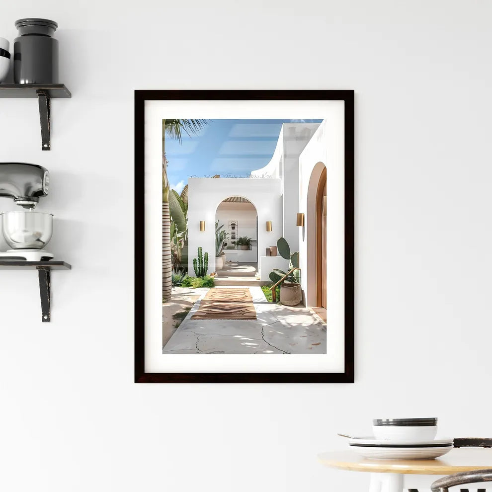 Modern Mediterranean-style villa with white walls, light wood accents, wooden outdoor rug, gold wall sconce, cacti, lush green landscape Custom Print