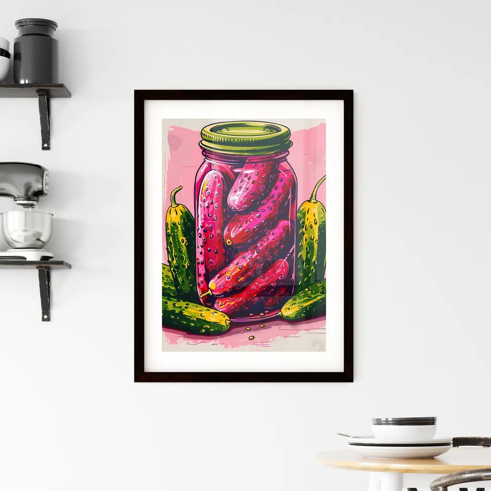 Vibrant Artistic Pink Poster of Pickles and  Framed Print