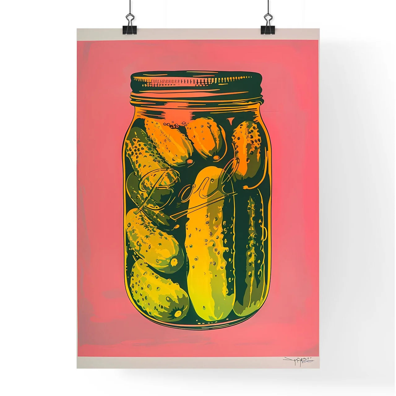 Colorful woodcut print of a jar of pickles o Poster