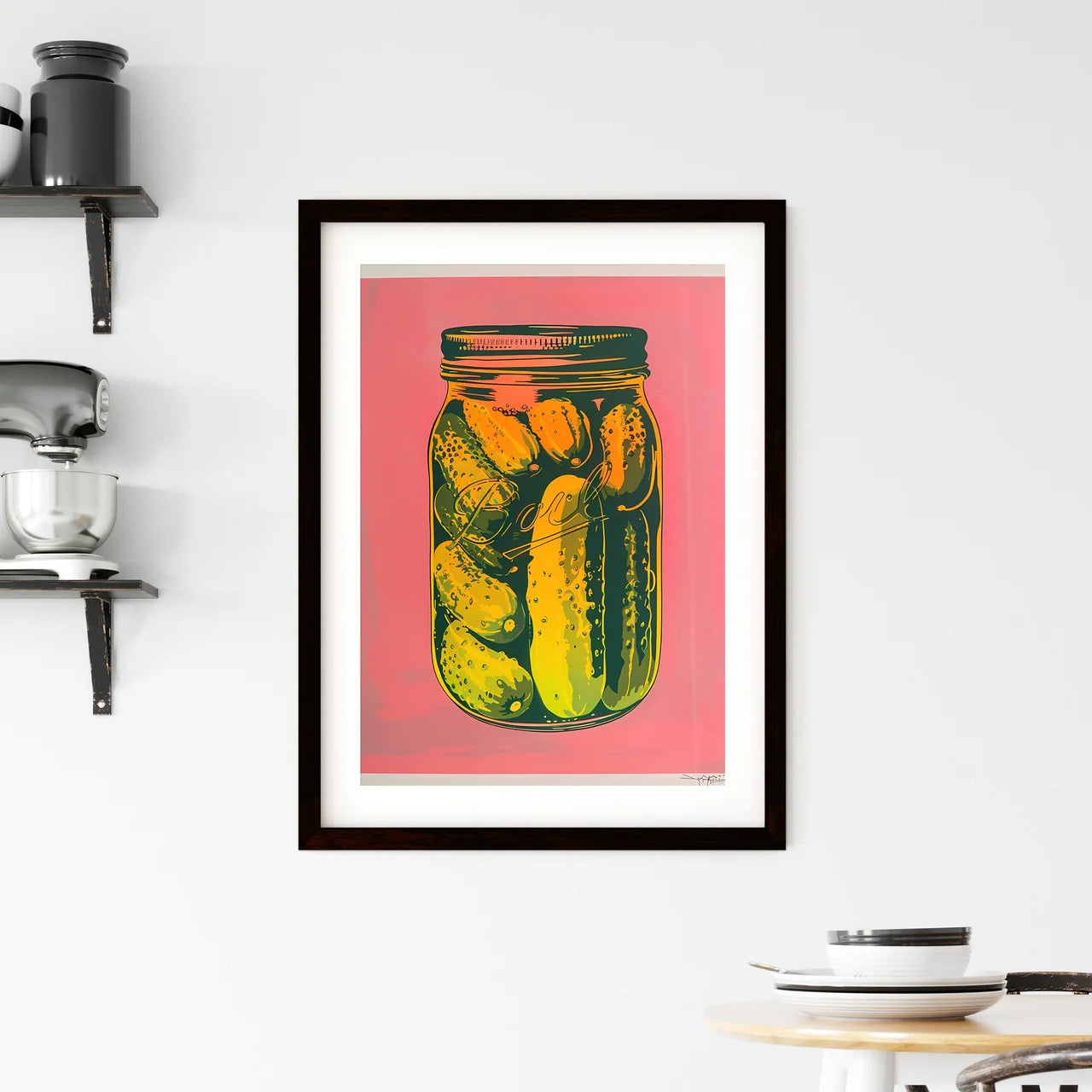 Colorful woodcut print of a jar of pickles o Framed Print
