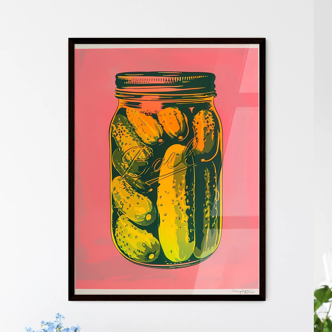 Colorful woodcut print of a jar of pickles o - Framed Art Print