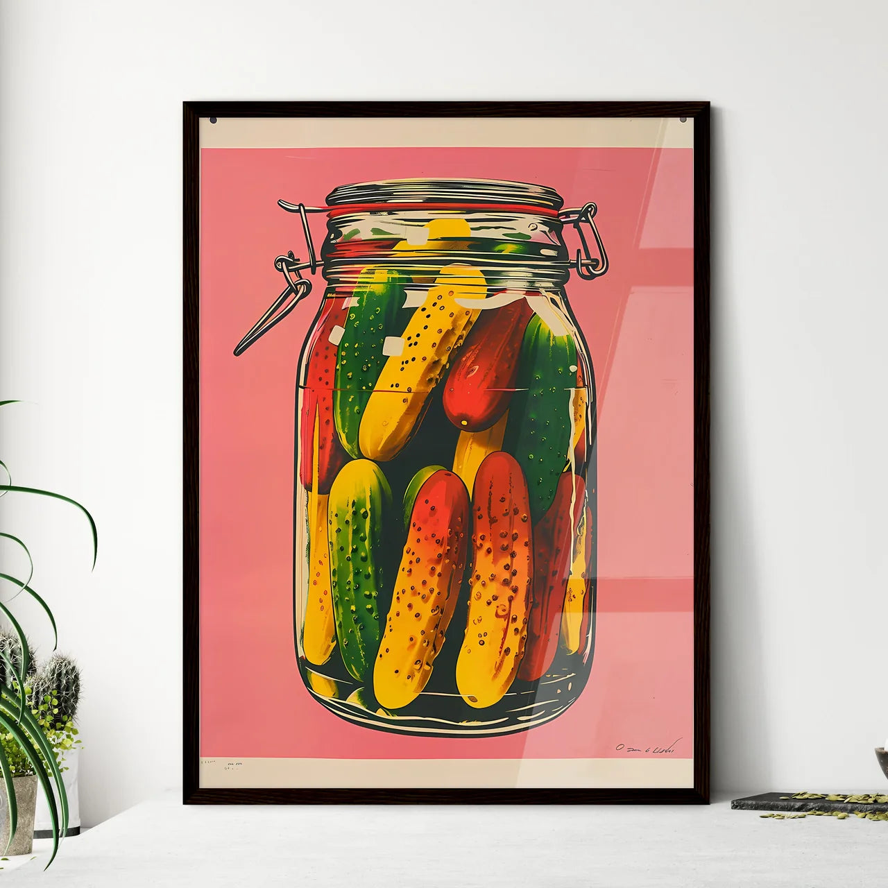 Colorful Woodcut Poster of Pickles in Glass  - Framed Art Print