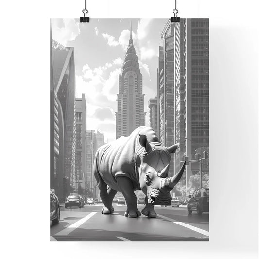 Rhinoceros Street Surrealism Black White Abstract City Buildings Statue Painting Art Ambient Occlusion HD Poster