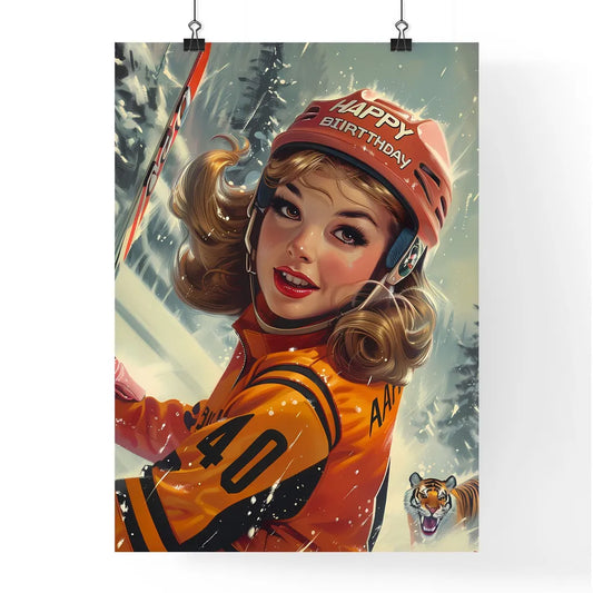 Vintage 60s Happy Birthday Ad: Blonde Princess in Ice Hockey Uniform Riding Flying Tiger Poster