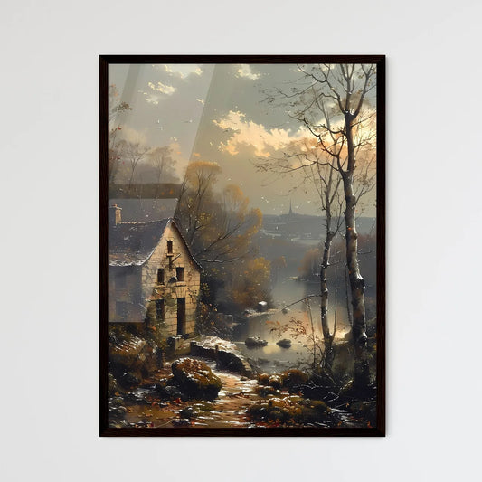 Wintery Riverbank Farmhouse with Frosted Trees Art Painting Framed Art