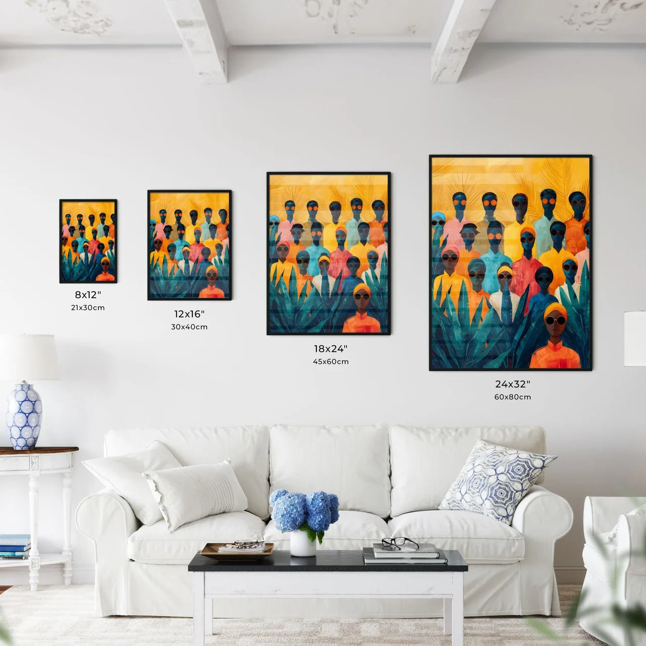 Vibrant Modern African Art Depicting Men and Women in Urban Jungle with Sunglasses Size Chart