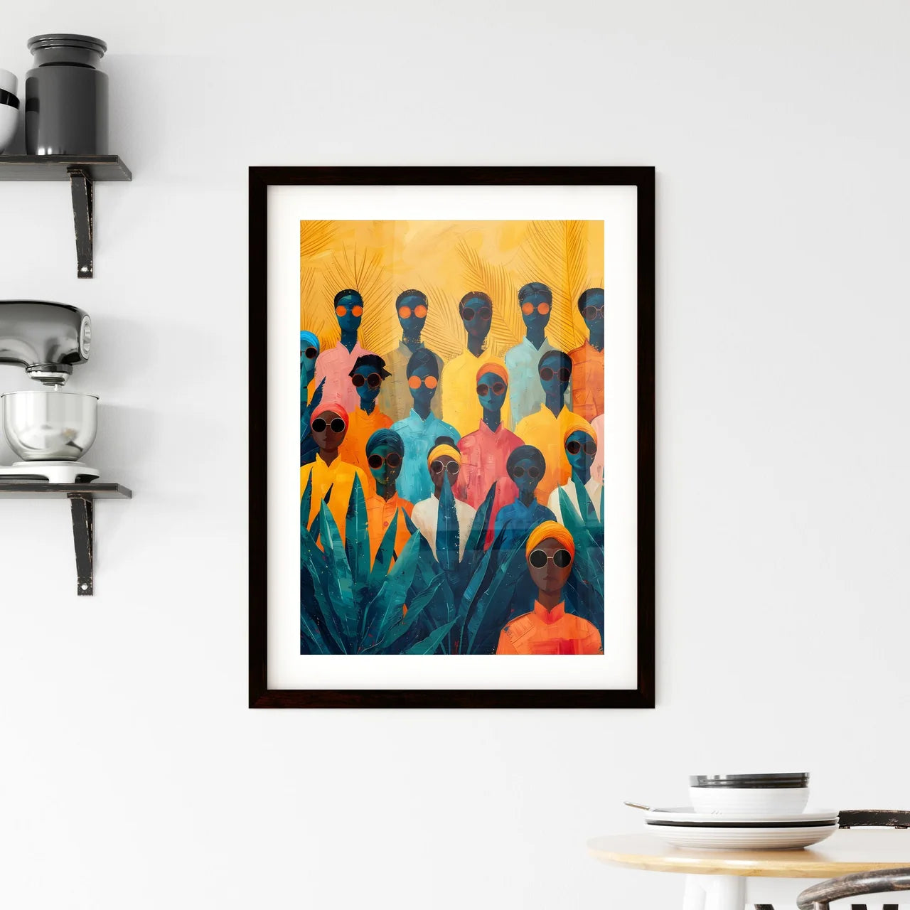 Vibrant Modern African Art Depicting Men and Women in Urban Jungle with Sunglasses Framed Print