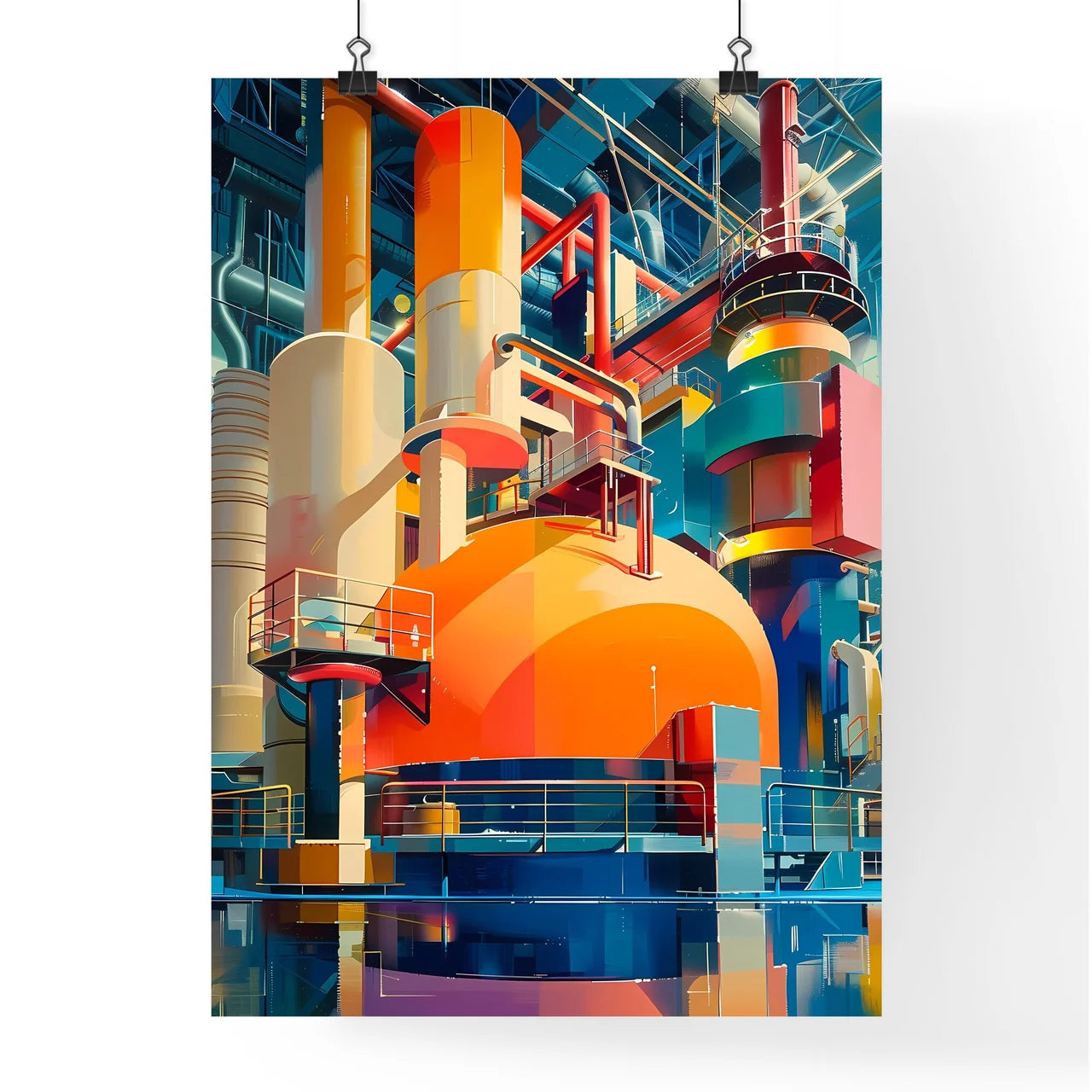 Modern Industrial Art: Abstract Painting of Geometric Shapes, Orange and Blue Machine, Printing Press, Raster Poster