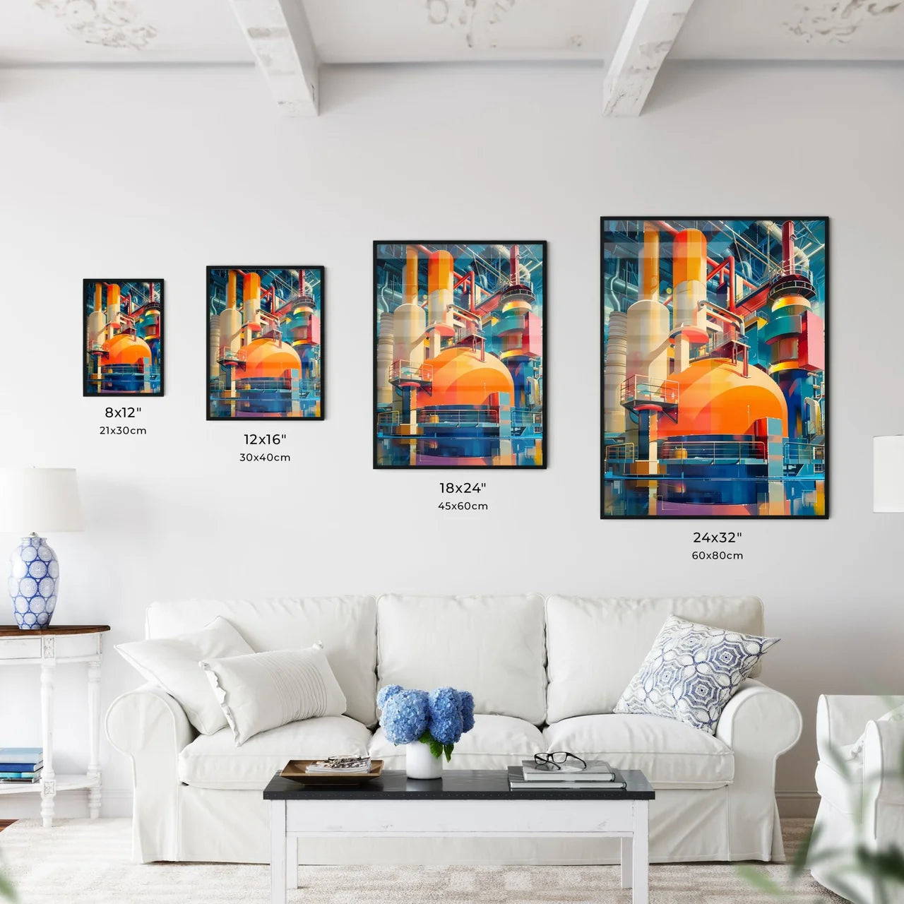 Modern Industrial Art: Abstract Painting of Geometric Shapes, Orange and Blue Machine, Printing Press, Raster Size Chart