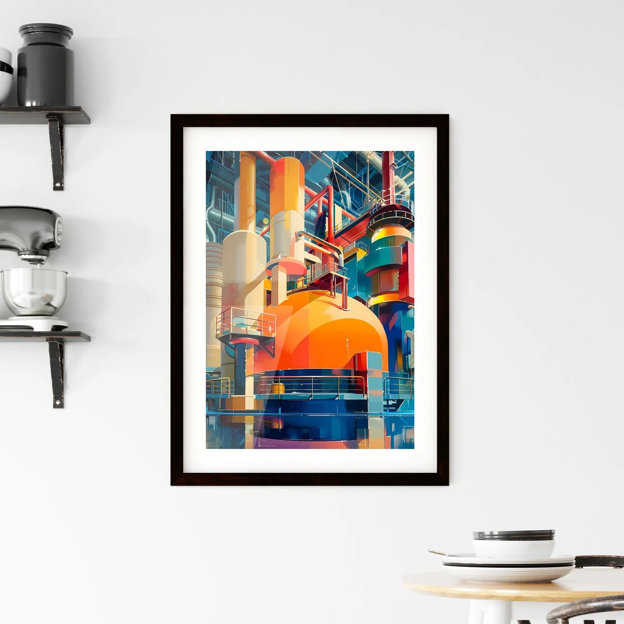 Modern Industrial Art: Abstract Painting of Geometric Shapes, Orange and Blue Machine, Printing Press, Raster Custom Print