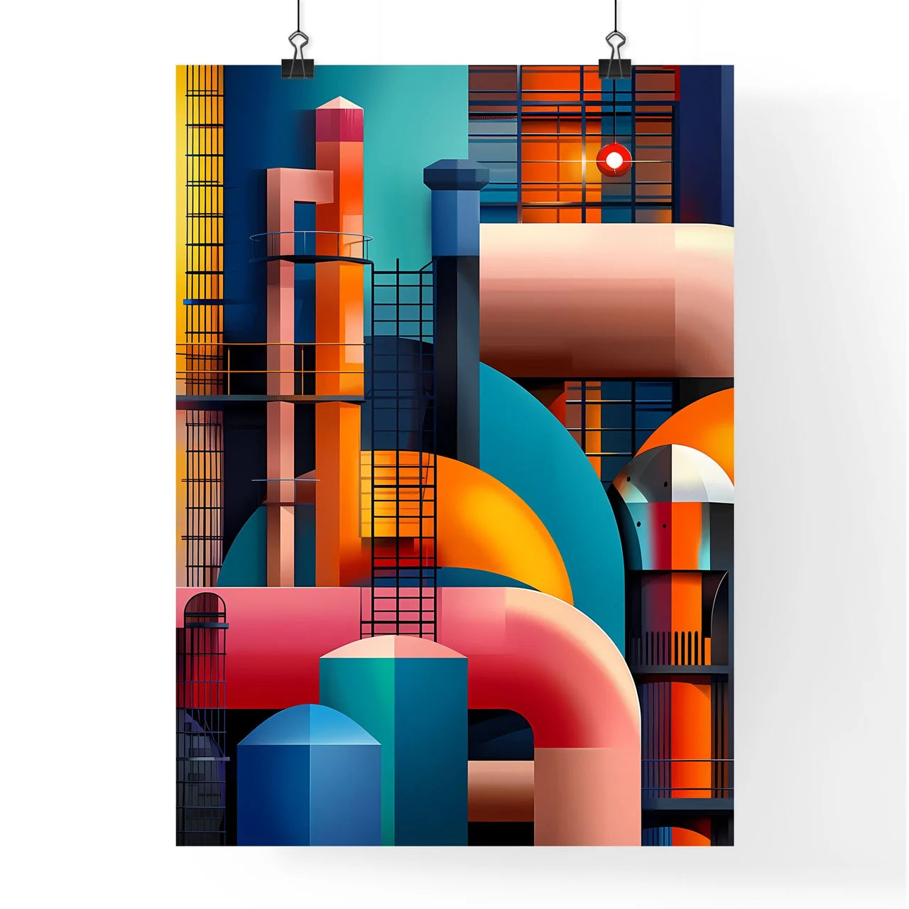 Industrial Pop Art Painting: Abstract Geometric Pipeline Scene with Process Colors, Raster Effect Poster