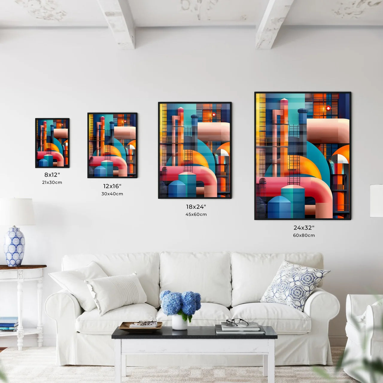 Industrial Pop Art Painting: Abstract Geometric Pipeline Scene with Process Colors, Raster Effect Size Chart