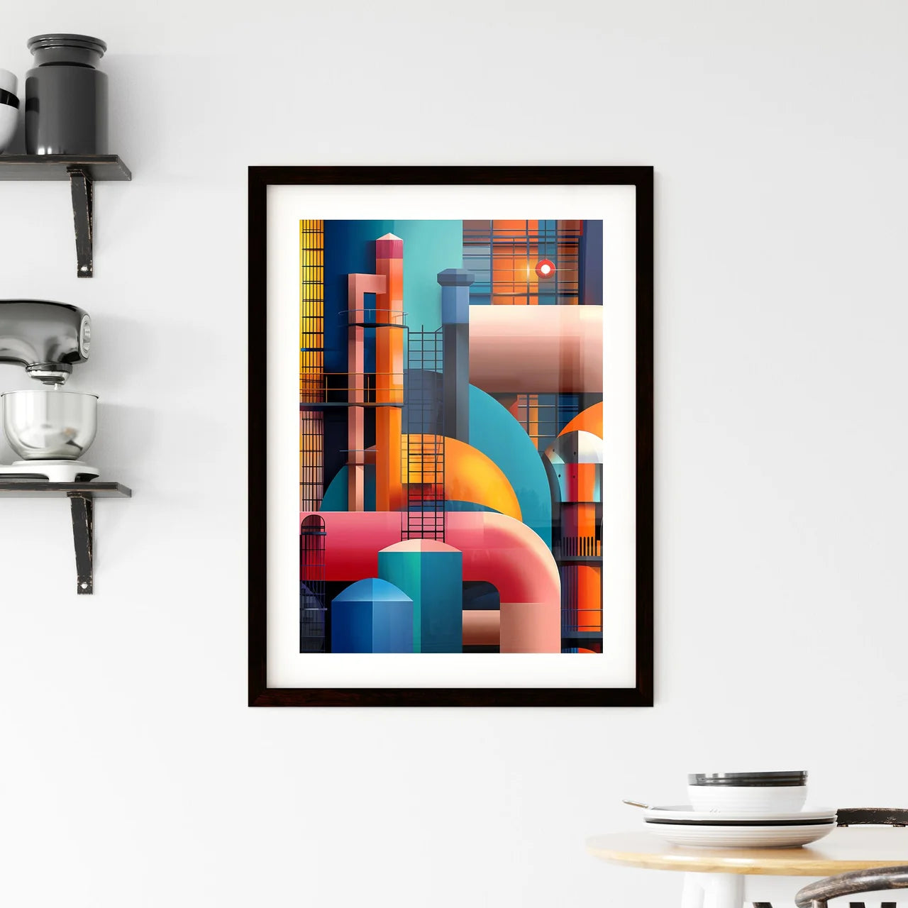 Industrial Pop Art Painting: Abstract Geometric Pipeline Scene with Process Colors, Raster Effect Custom Print