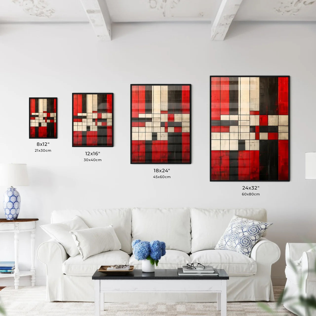 Modern Abstract Geometric Art Print Canvas Wall Decor Black White Red Squares Painting Size Chart