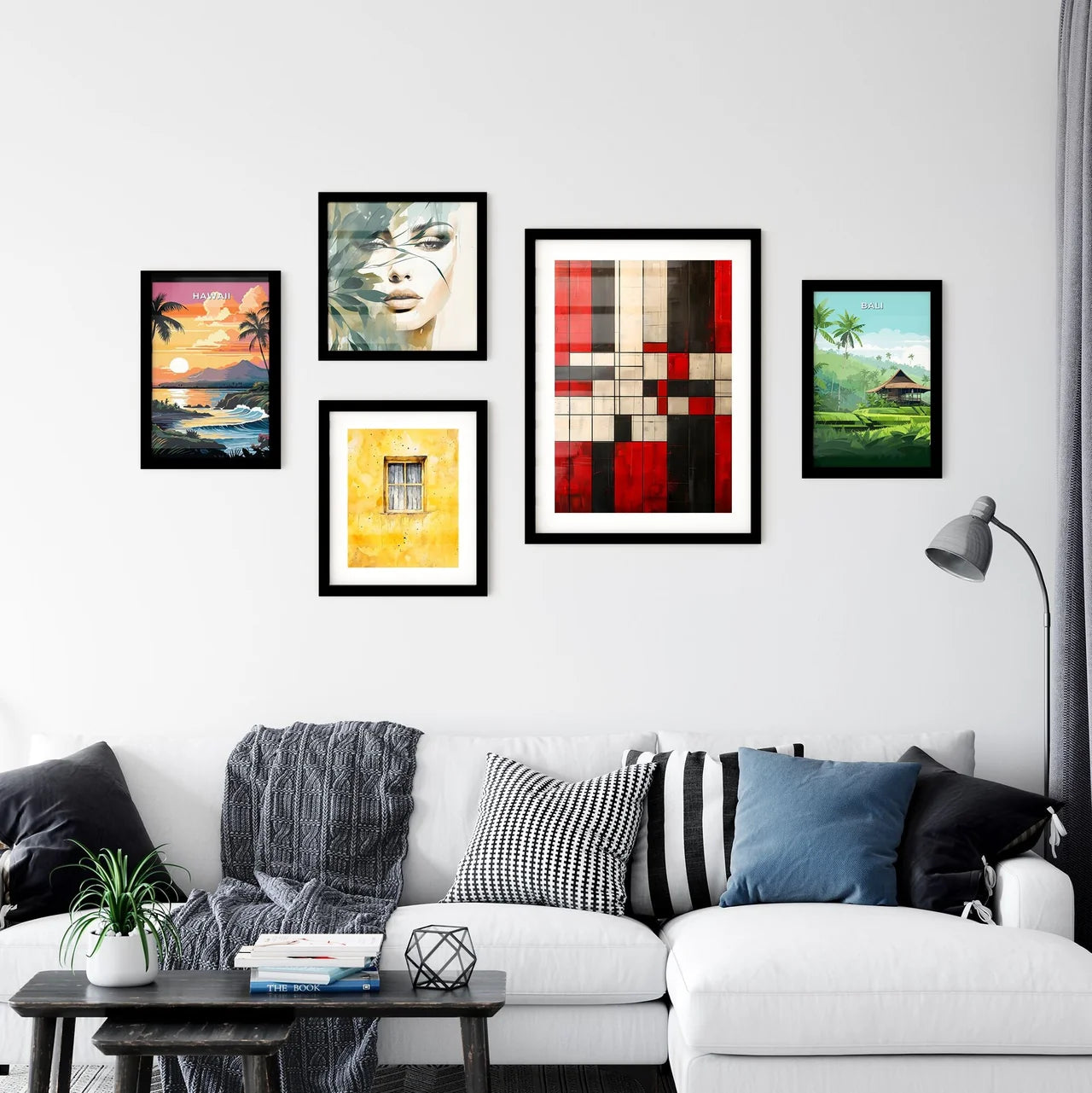 Modern Abstract Geometric Art Print Canvas Wall Decor Black White Red Squares Painting Interior Design