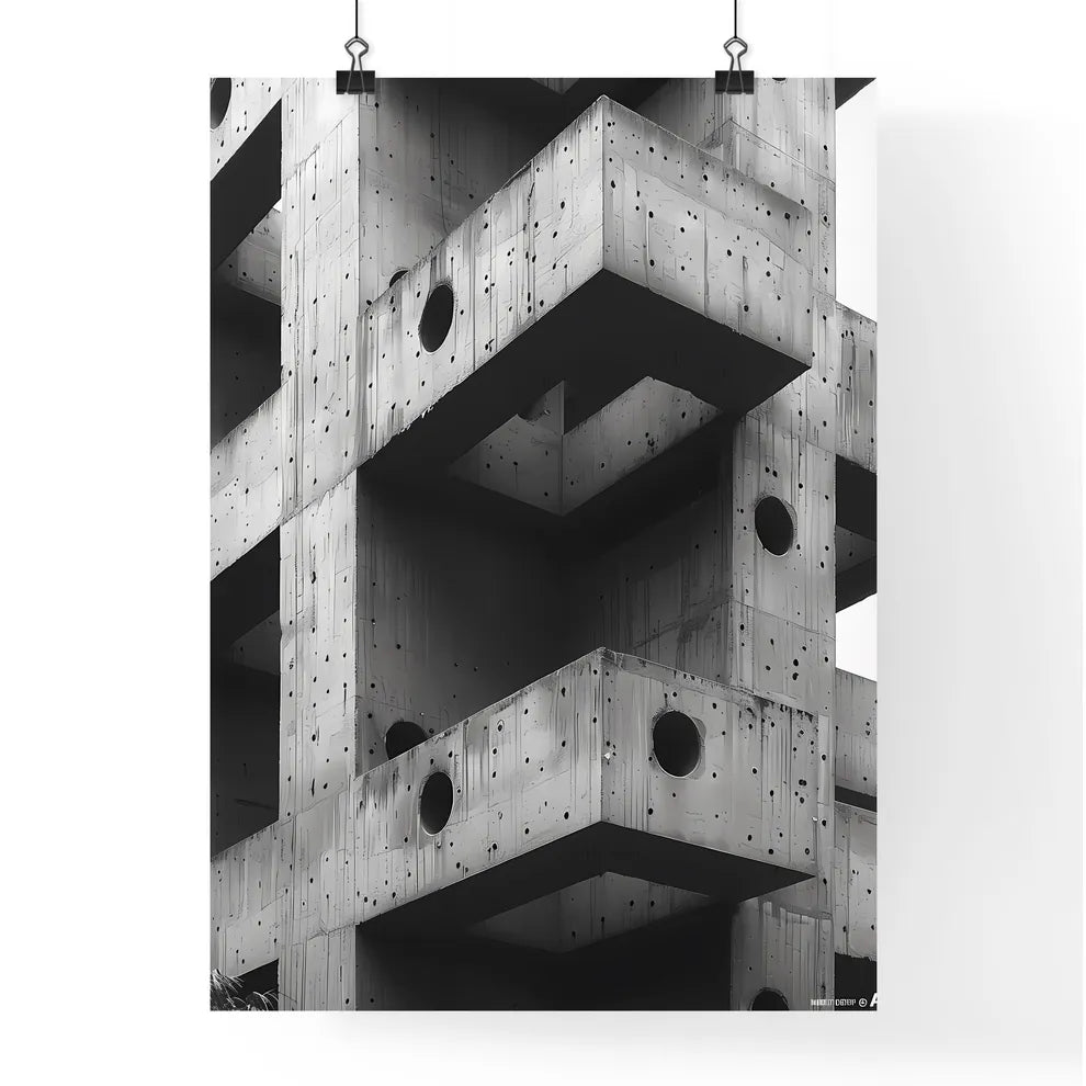 Abstract Concrete Building Structure with Colorful Artwork, Close-up of Urban Architectural Detail in Brutalism Style Poster