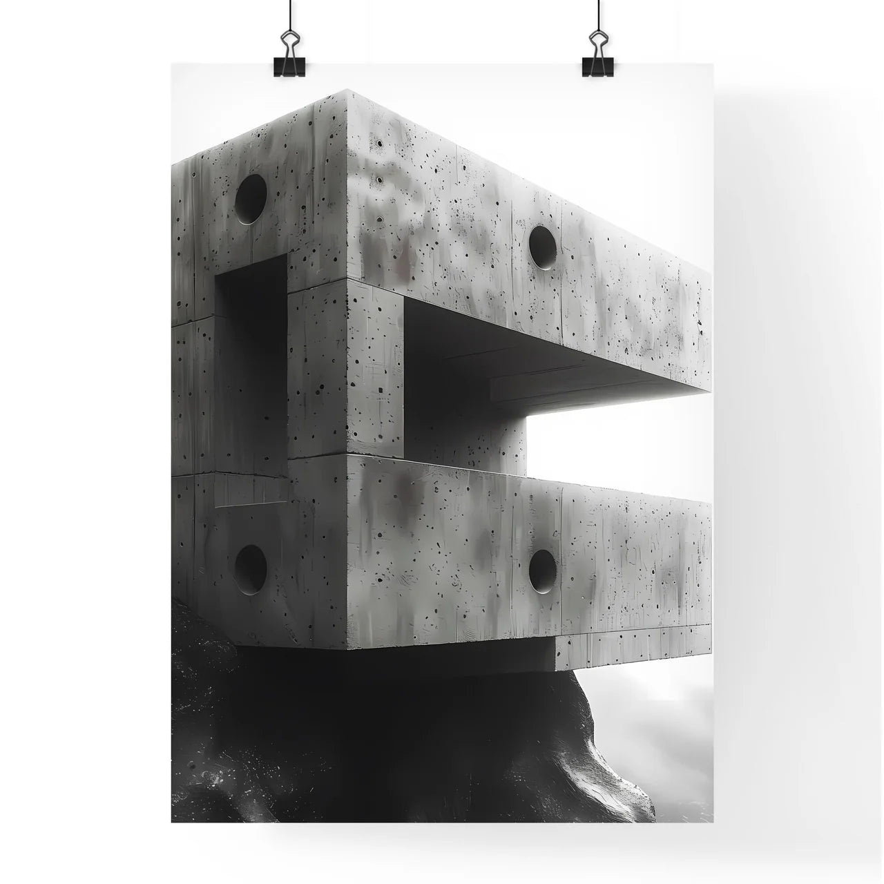 Vibrant Painting Displaying Abstract Brutalist Architecture with Concrete Walls and Intricate Hole Patterns Poster