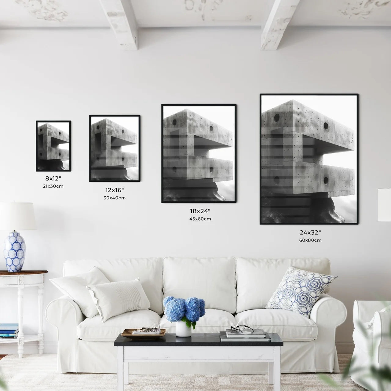 Vibrant Painting Displaying Abstract Brutalist Architecture with Concrete Walls and Intricate Hole Patterns Size Chart