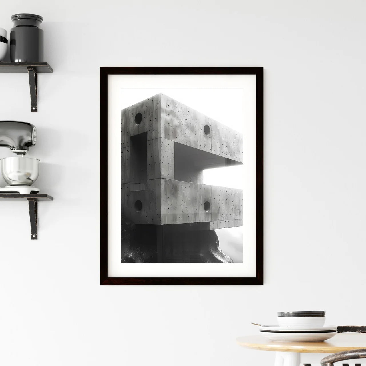 Vibrant Painting Displaying Abstract Brutalist Architecture with Concrete Walls and Intricate Hole Patterns Custom Print