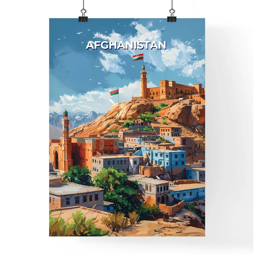 Afghanistan, South Asia - Colorful painting of a city on a mountain with a flag, showcasing the rich art and culture of the region. Poster