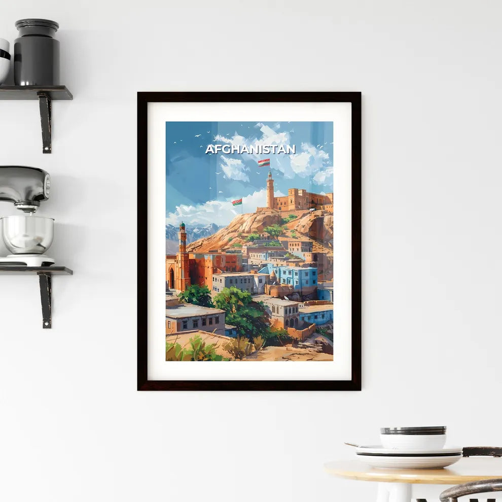 Afghanistan, South Asia - Colorful painting of a city on a mountain with a flag, showcasing the rich art and culture of the region. Custom Print