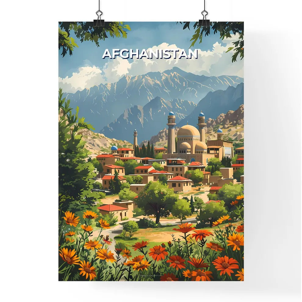 Afghanistan, South Asia - Artistic depiction of a traditional village nestled amidst mountains and vibrant flora Poster
