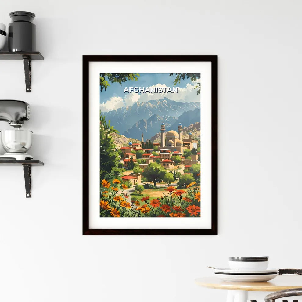 Afghanistan, South Asia - Artistic depiction of a traditional village nestled amidst mountains and vibrant flora Custom Print