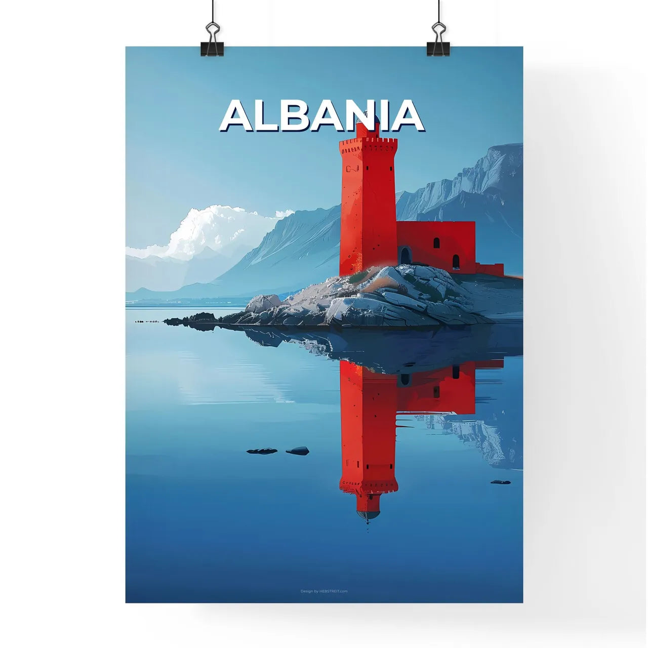 Vivid Mountain Landscape Painting: Red Tower on Island in Water Poster