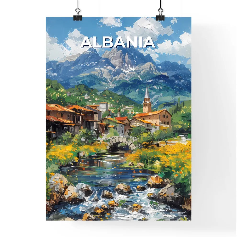 Pristine Albanian Town with Flowing River and Majestic Mountain Backdrop: A Stunning Artistic Masterpiece Poster