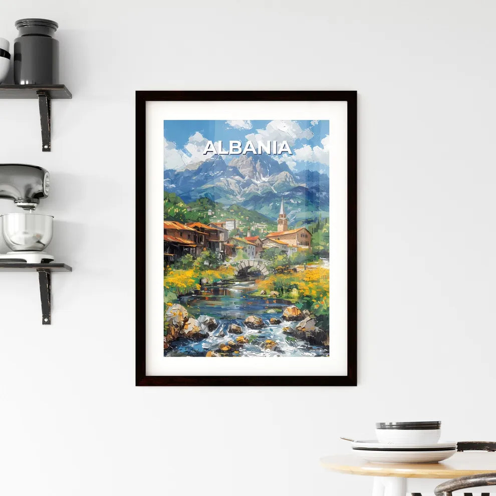 Pristine Albanian Town with Flowing River and Majestic Mountain Backdrop: A Stunning Artistic Masterpiece Custom Print