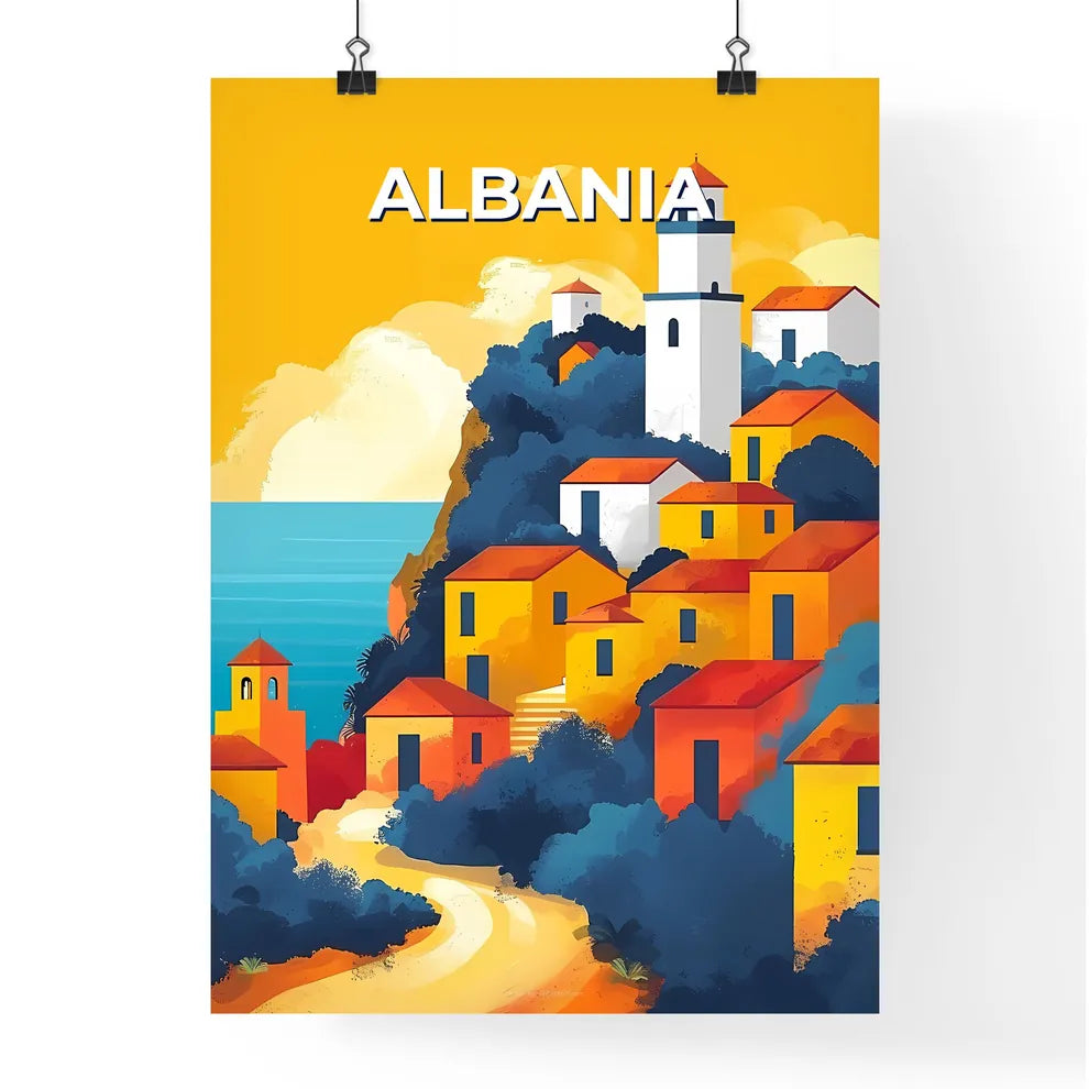 Colorful Hillside Houses, Albania - Vibrant Canvas Art Print, Europe Travel Poster