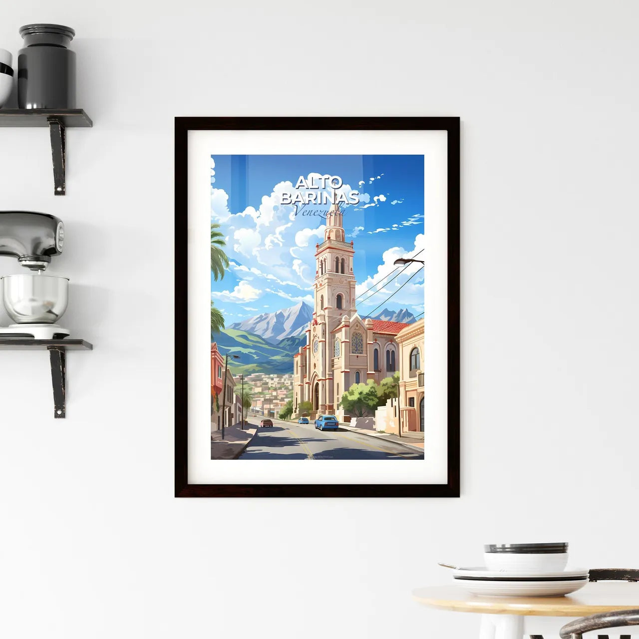 Vibrant Artistic Cityscape Painting: Alto Barinas Venezuela Skyline with Church Steeple and Palm Trees Default Title